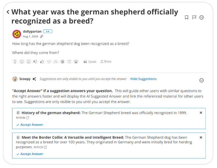 Higher Logic Vanilla AI-suggested answers example for a community post