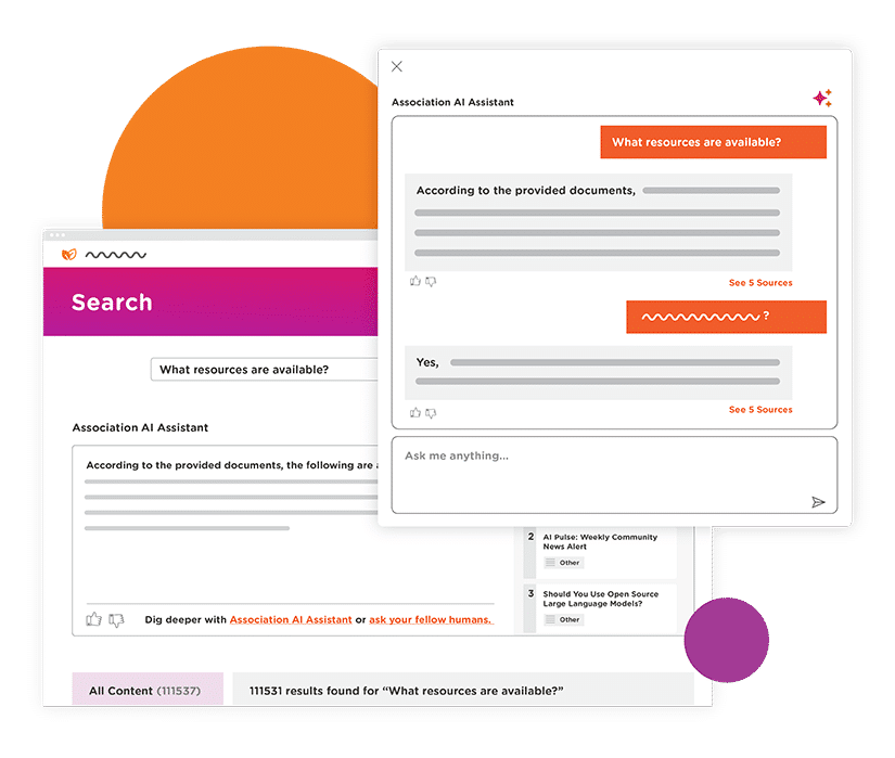 Visualization of the AI-powered search and chat features within Higher Logic’s member engagement software
