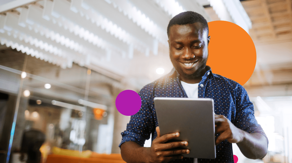 Man using community on tablet