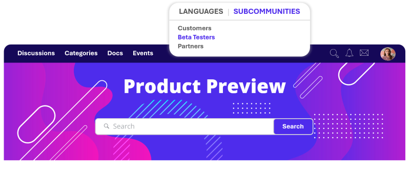Higher Logic Vanilla subcommunities showing options for customer community, beta tester community, and partner community